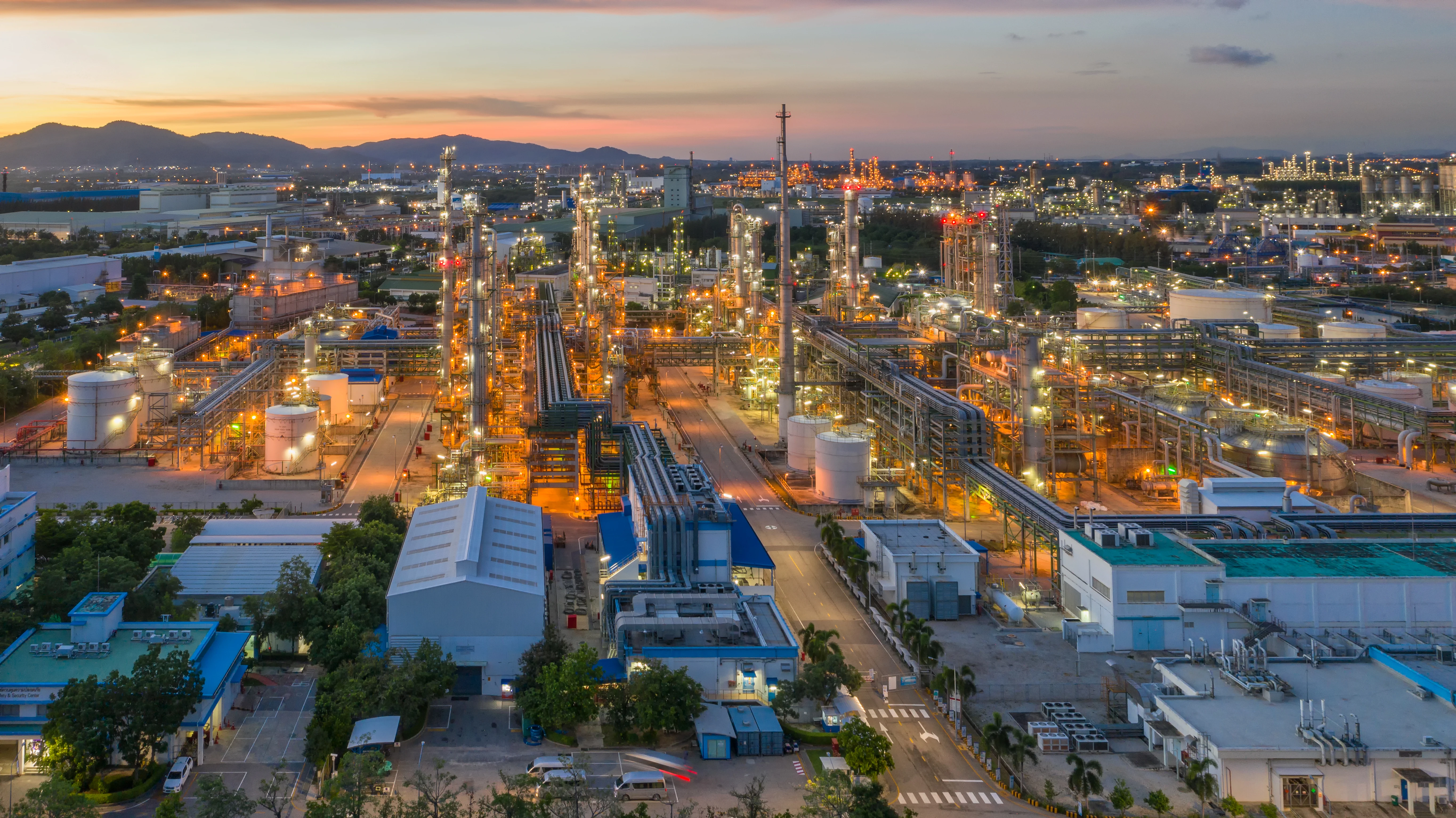Aerial drone view of an oil storage facility