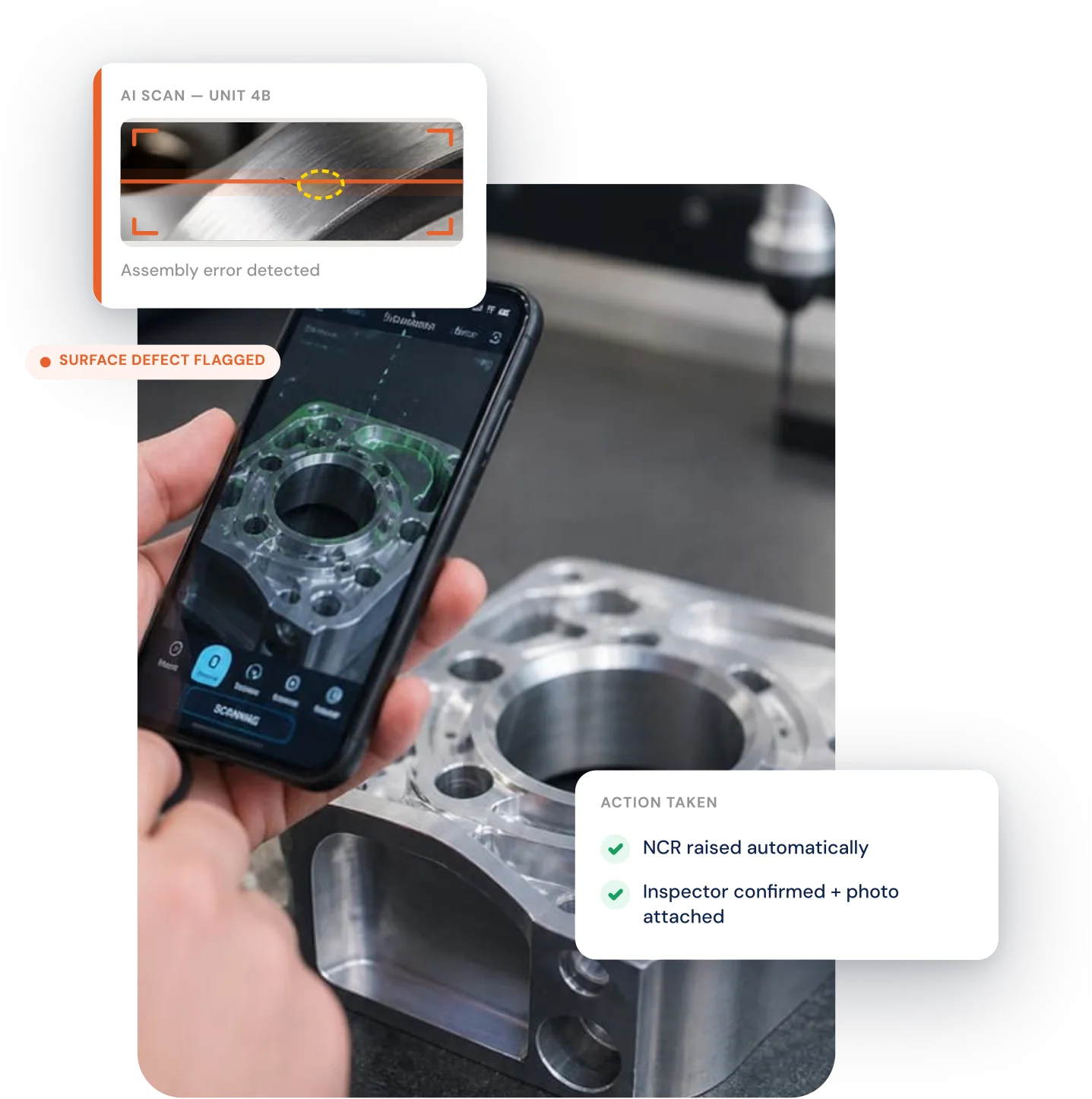 Operator scanning a machined part with the Agnotic mobile app flagging a surface defect