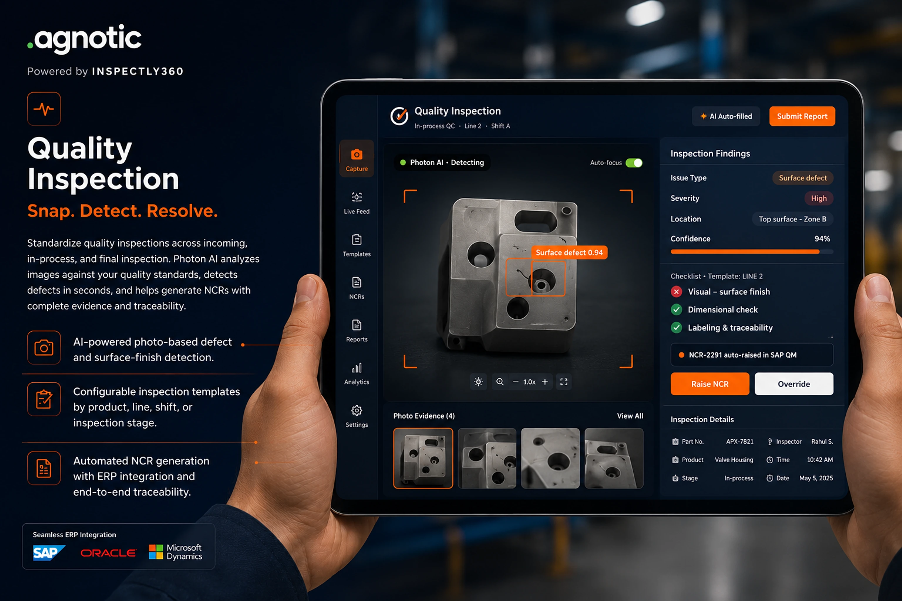 Agnotic Quality Inspection app on a tablet — Photon AI detecting a surface defect, with SAP, Oracle and Microsoft Dynamics ERP integration