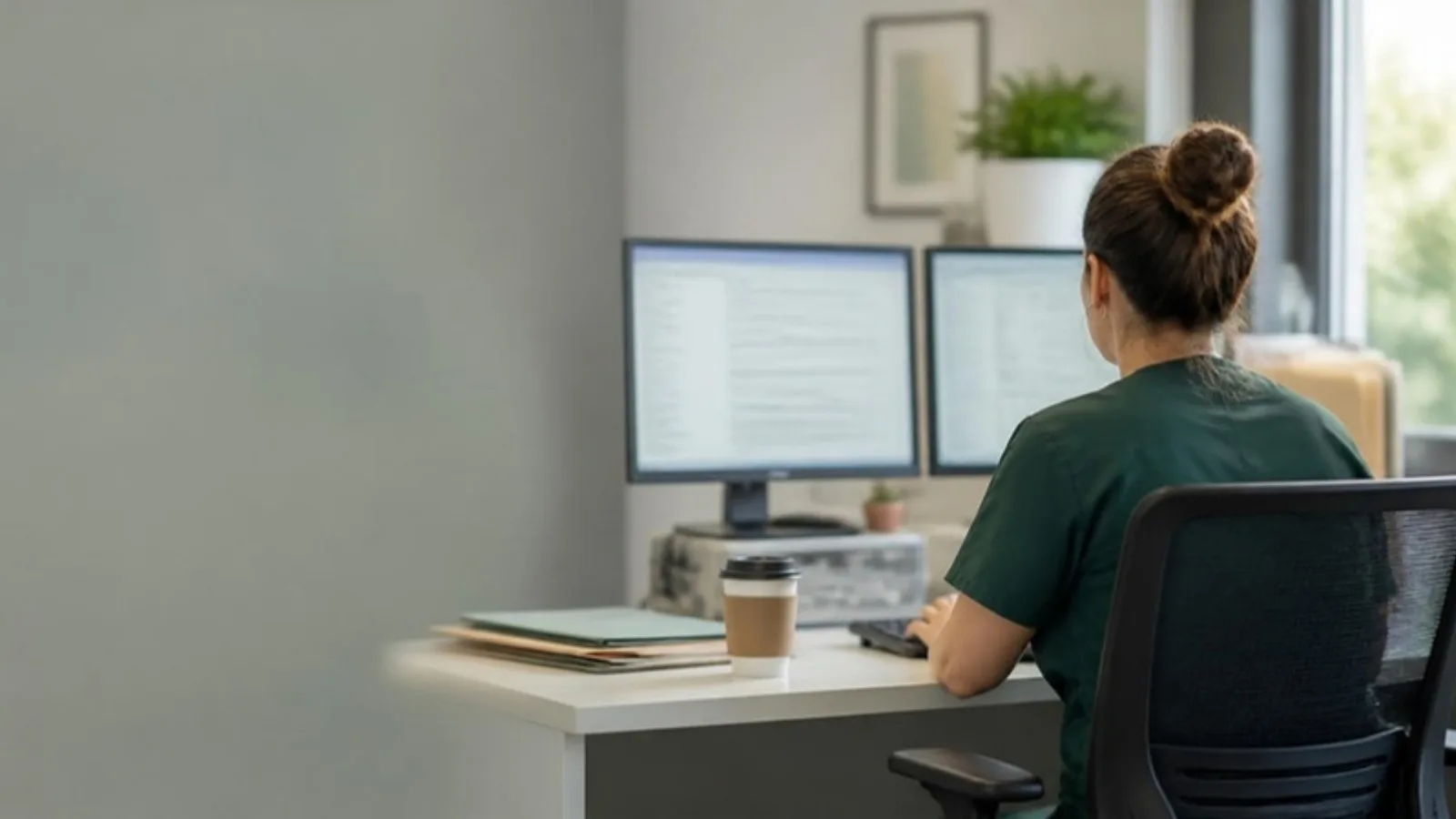 Medical coder in a quiet hospital billing office reviewing a clinical note on one monitor and code lists on a second, with a coffee cup on the desk