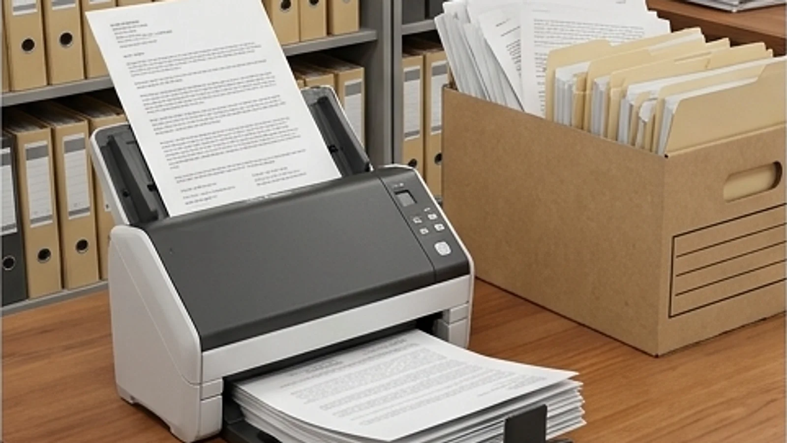 A document scanner feeding printed report pages onto a tray beside a stack of folders on an office desk