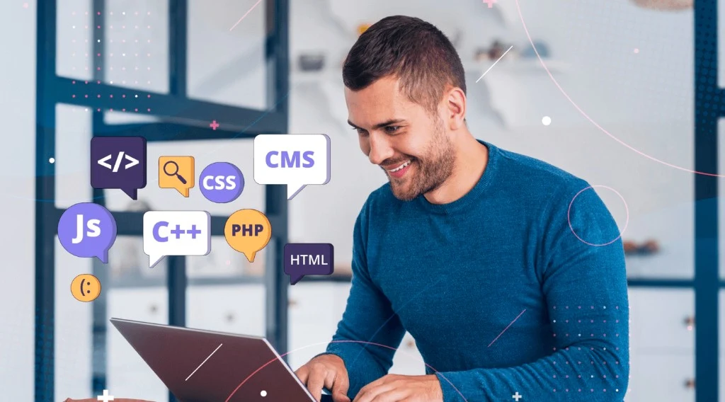 Developer working on custom software with programming language icons