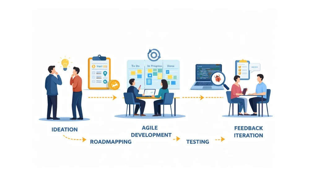 MVP development process: Ideation, Roadmapping, Agile Development, Testing, and Feedback Iteration