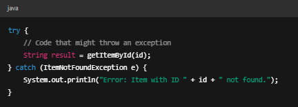 Java try-catch example with meaningful error message for ItemNotFoundException