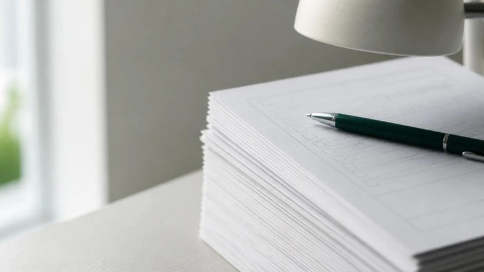 Close-up of a stack of blank claim forms with a pen beside the edge of a desk lamp