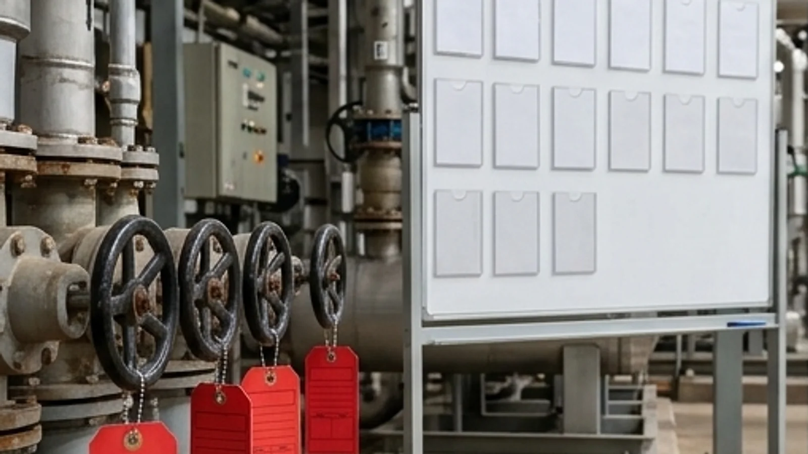 Valve handwheels with red lockout tags beside a mobile whiteboard of blank job cards in a quiet process plant