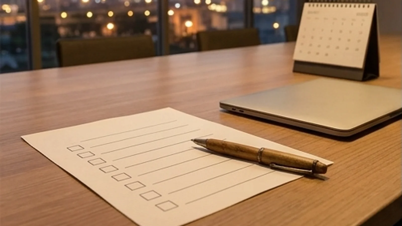 A sign-off sheet with empty checkboxes and a pen beside a laptop and a desk calendar on a meeting room table at dusk
