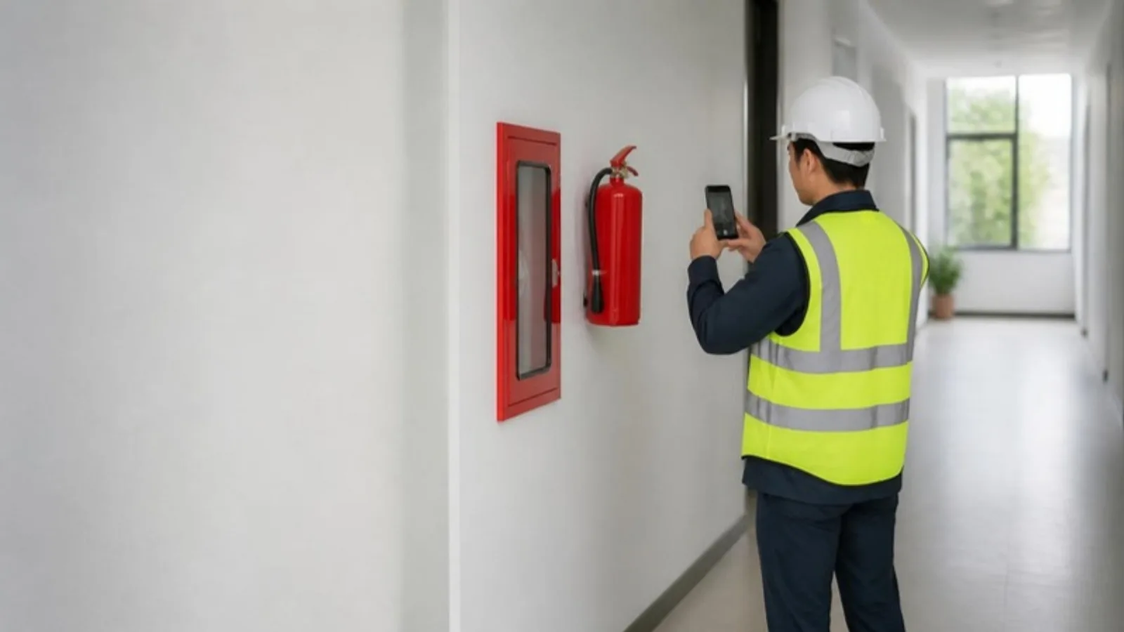 Facilities inspector in a hi-vis vest and hard hat photographing a fire extinguisher station with a phone in a commercial building corridor
