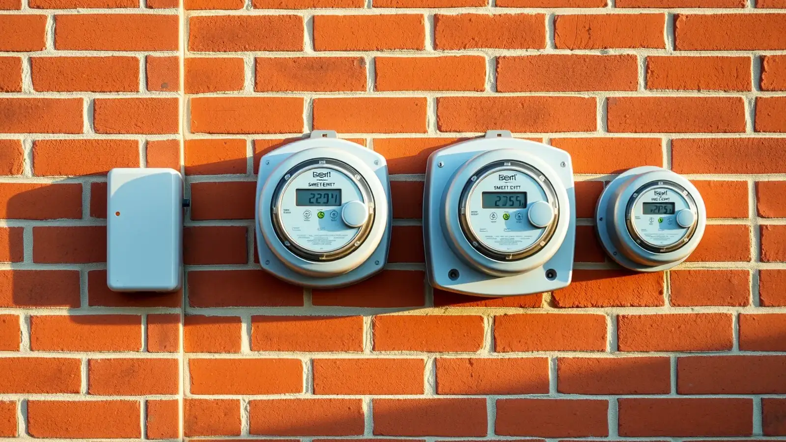 Three residential smart electricity meters and a junction box mounted on a red brick wall in afternoon sun