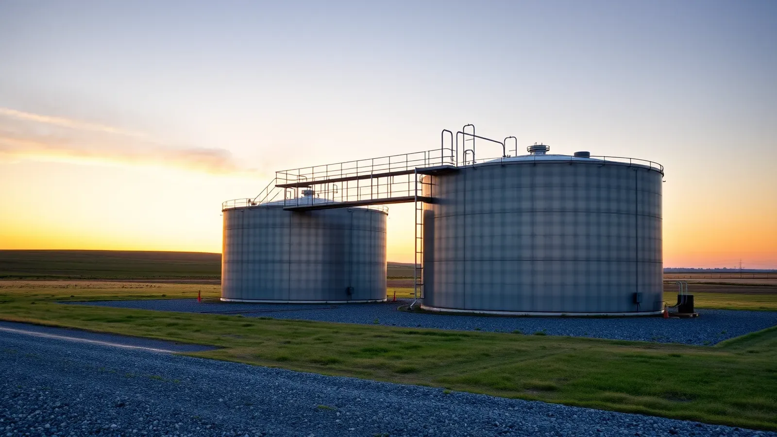 Two steel crude oil storage tanks joined by a metal catwalk on a gravel pad in open prairie at sunrise
