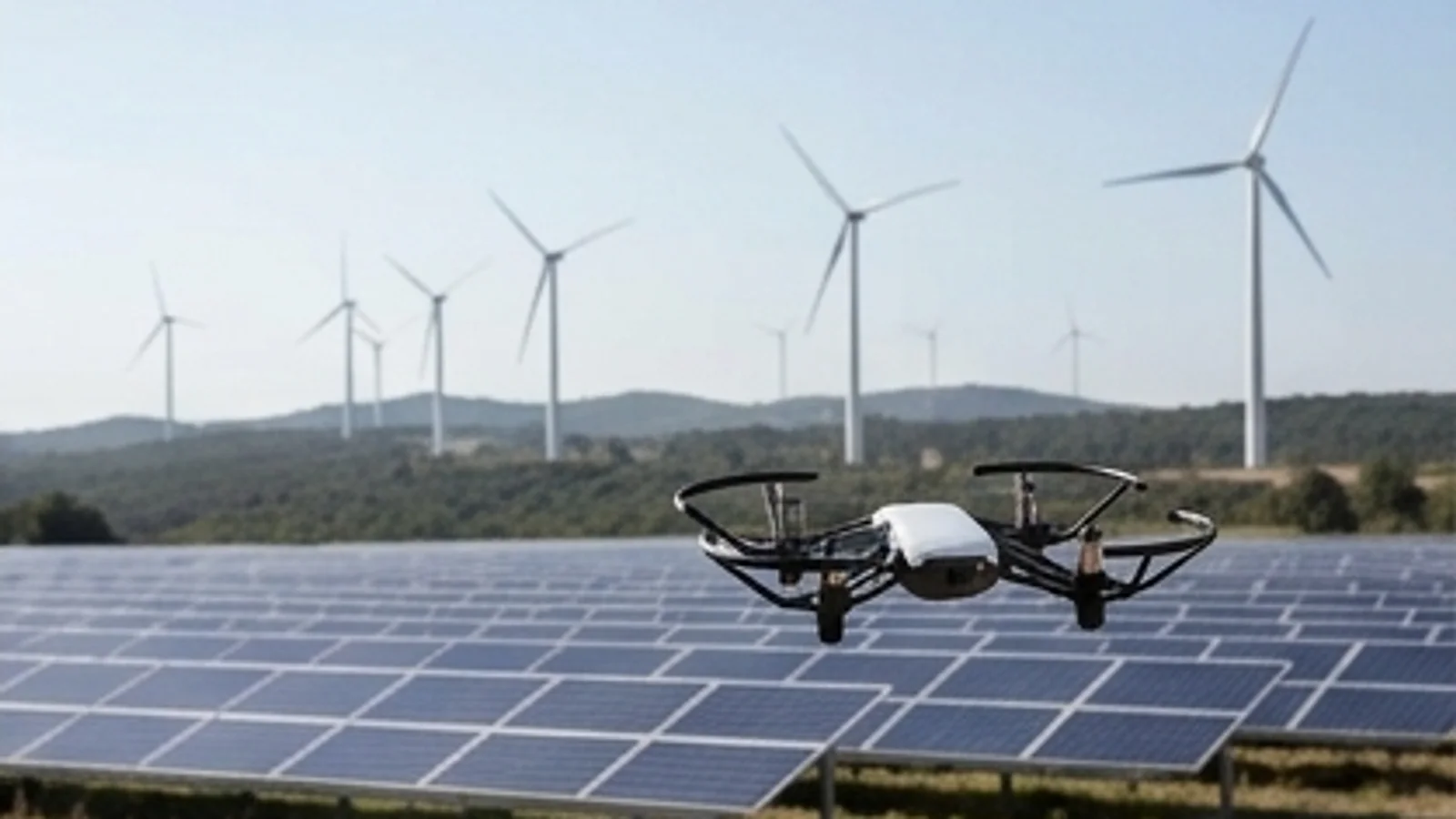 Wind turbines on the hills behind rows of solar panels, with a small inspection drone hovering over the array