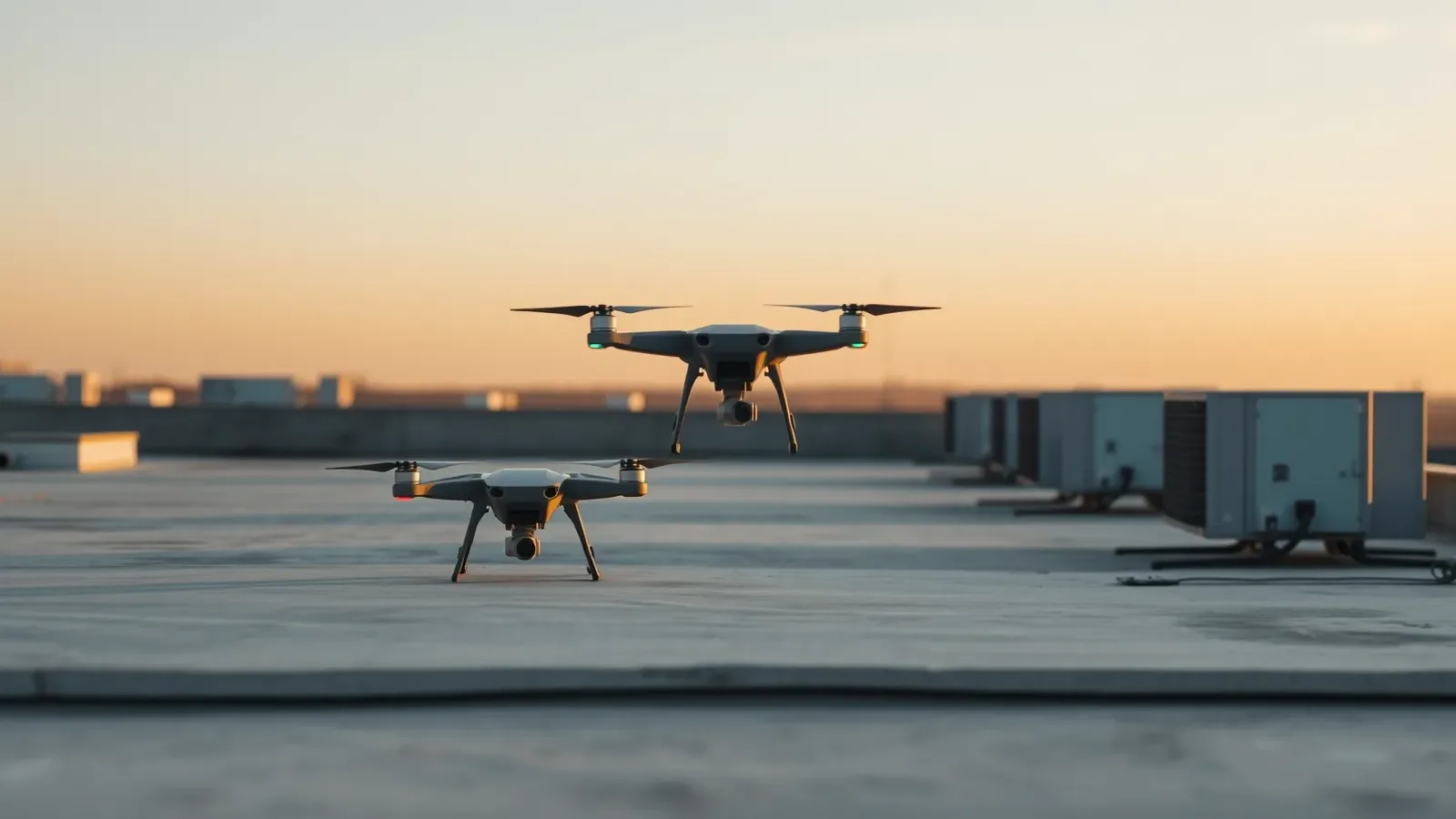 Two small grey quadcopter drones over a flat commercial rooftop with air conditioning units at golden hour