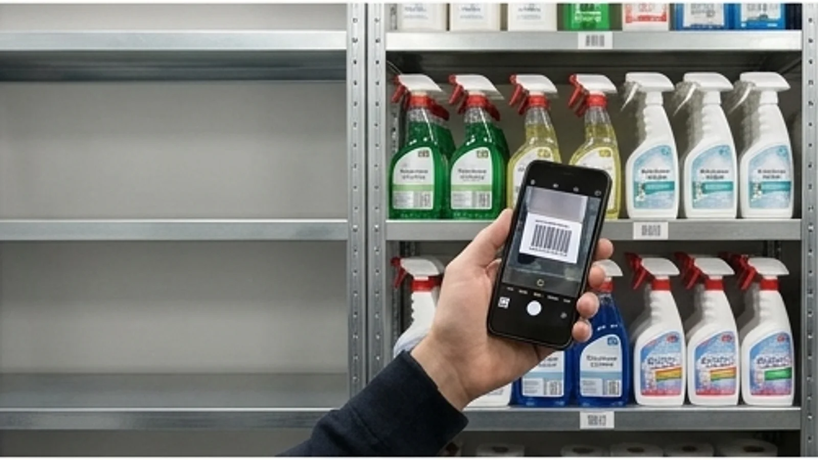 Storeroom shelves stocked with cleaning spray bottles, and a hand holding a phone that scans a shelf barcode