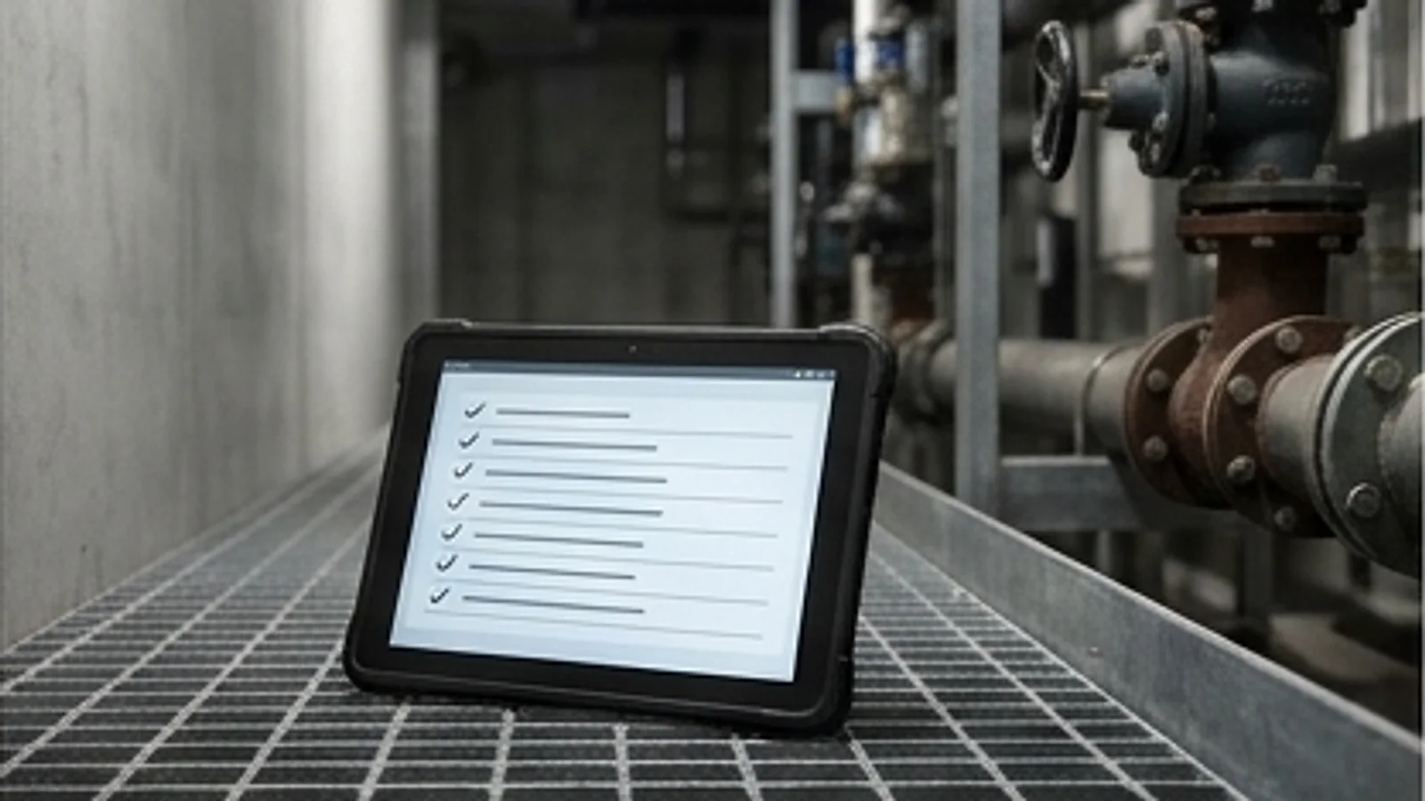 Rugged tablet showing an inspection checklist on a steel grating walkway in a basement plant room beside pipework and valves