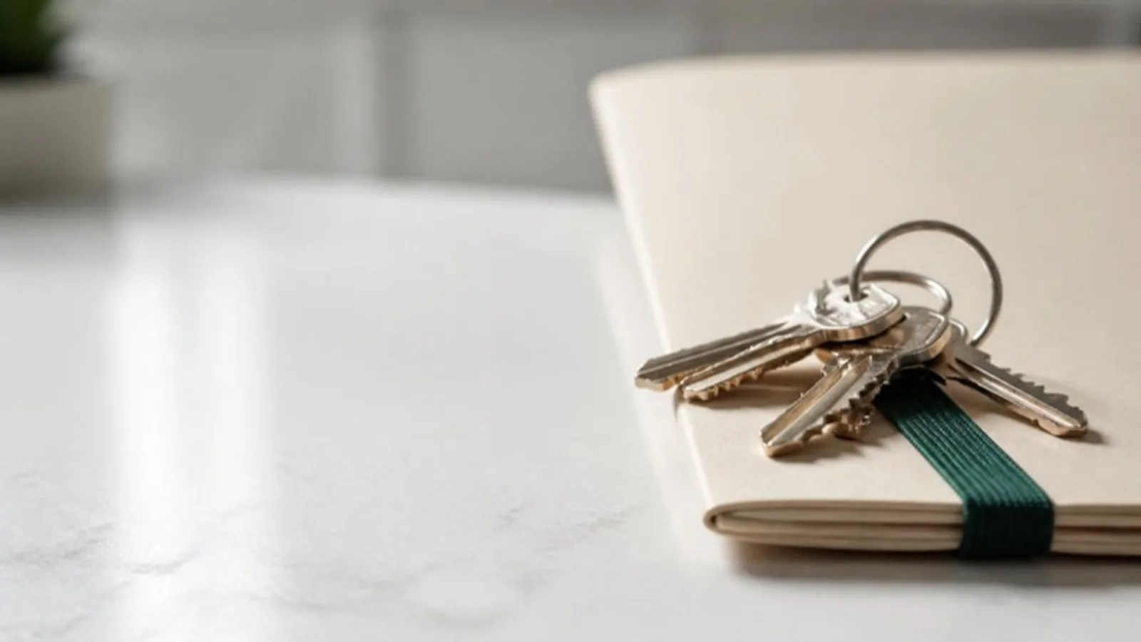 Close view of a ring of new house keys resting on a closed cream loan folder with a green band on a white table