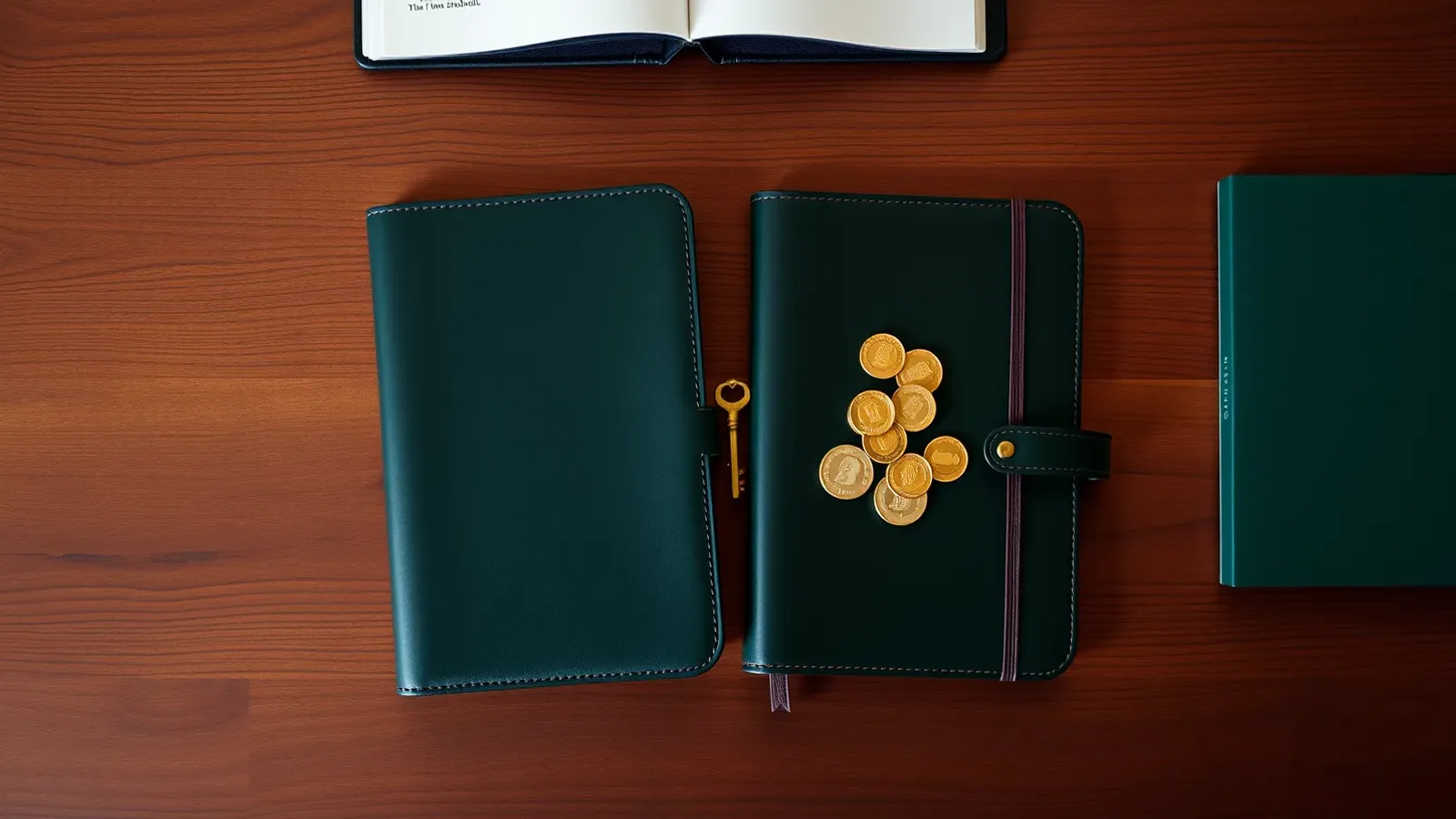 Overhead view of dark green leather notebooks, a small brass key and a stack of gold coins on a walnut table