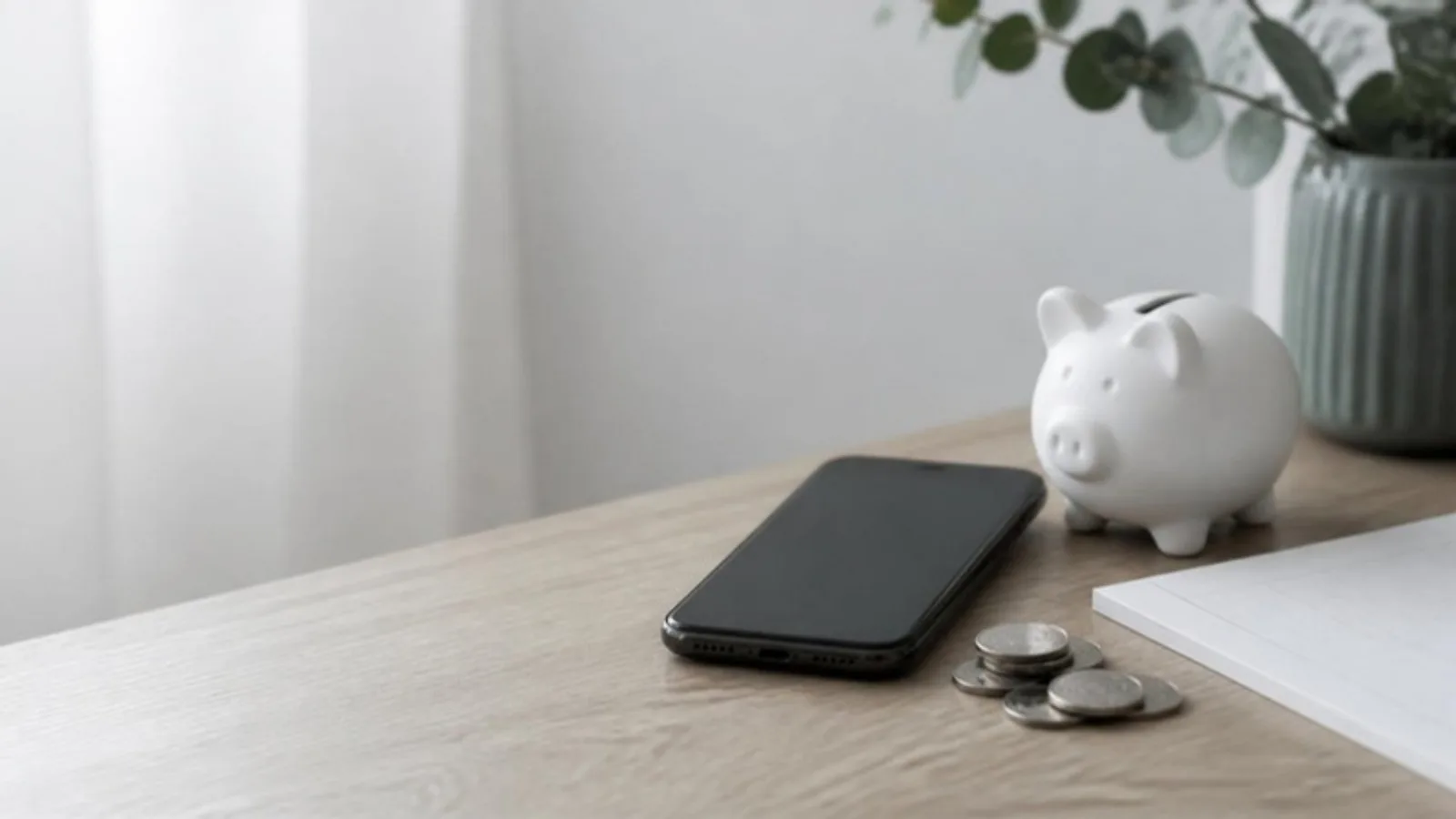 A smartphone with a dark screen beside a white ceramic piggy bank, a few coins and a blank budget sheet on a light oak table