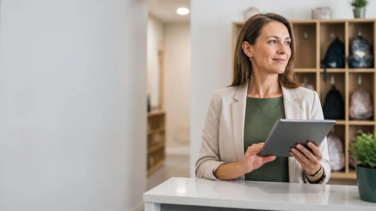 Childcare centre director standing at a bright reception desk holding a tablet, with wooden cubbies and small backpacks softly blurred behind