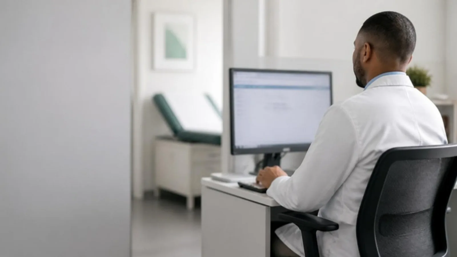 Physician in a white coat at a clinic workstation reviewing a drafted chart summary on a monitor, with an exam room softly blurred behind