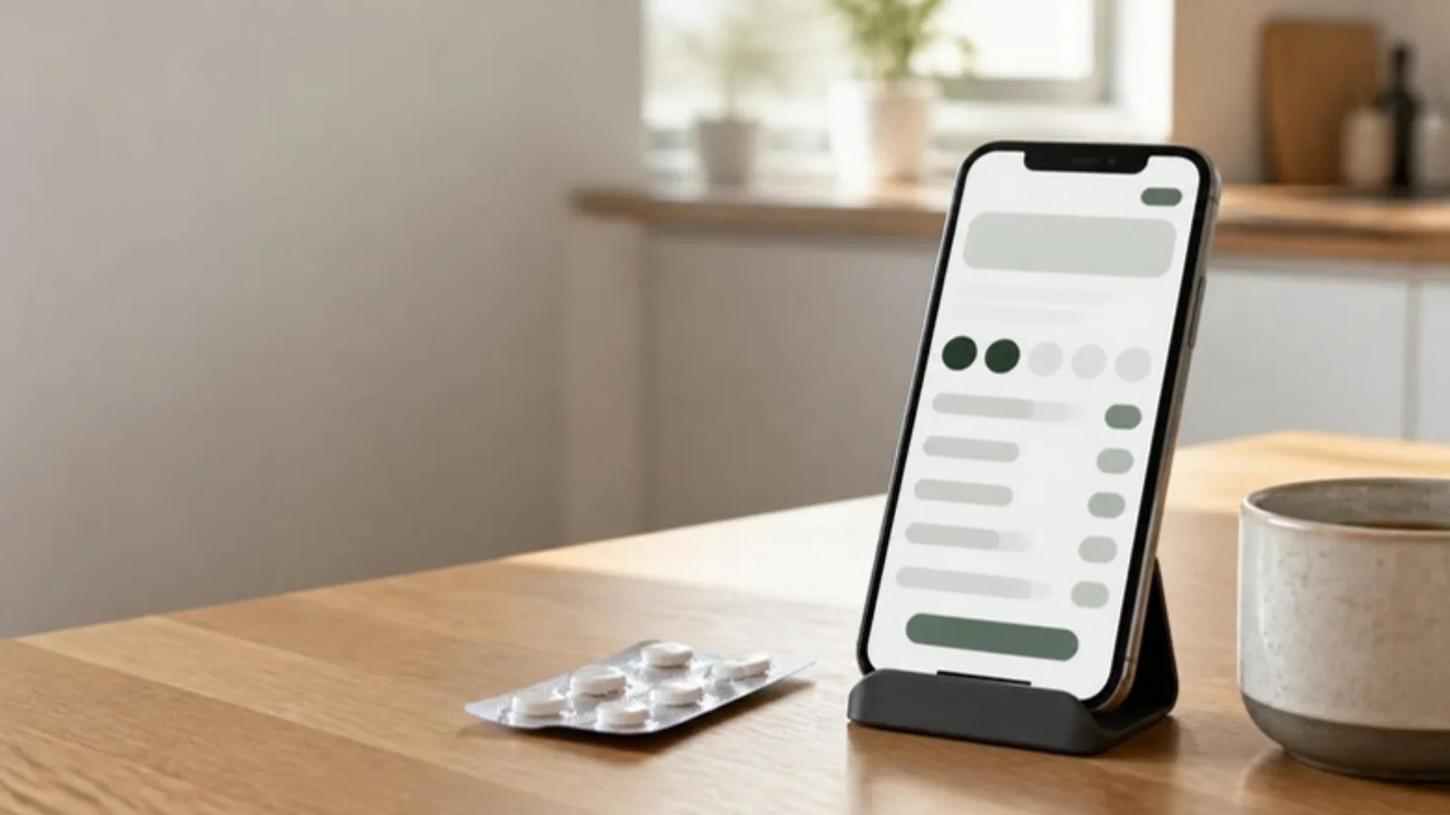 Smartphone on a stand showing an abstract symptom diary beside a blister pack and a coffee cup on a kitchen table