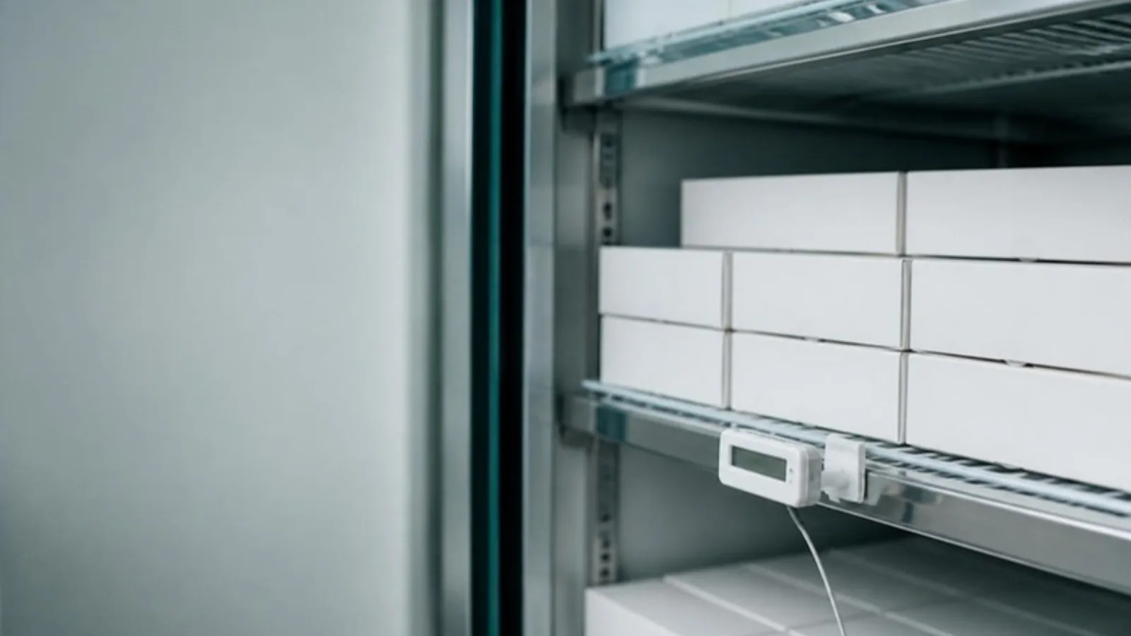 Temperature-controlled depot shelf holding plain white study kit boxes, with a digital thermometer probe clipped to the shelf