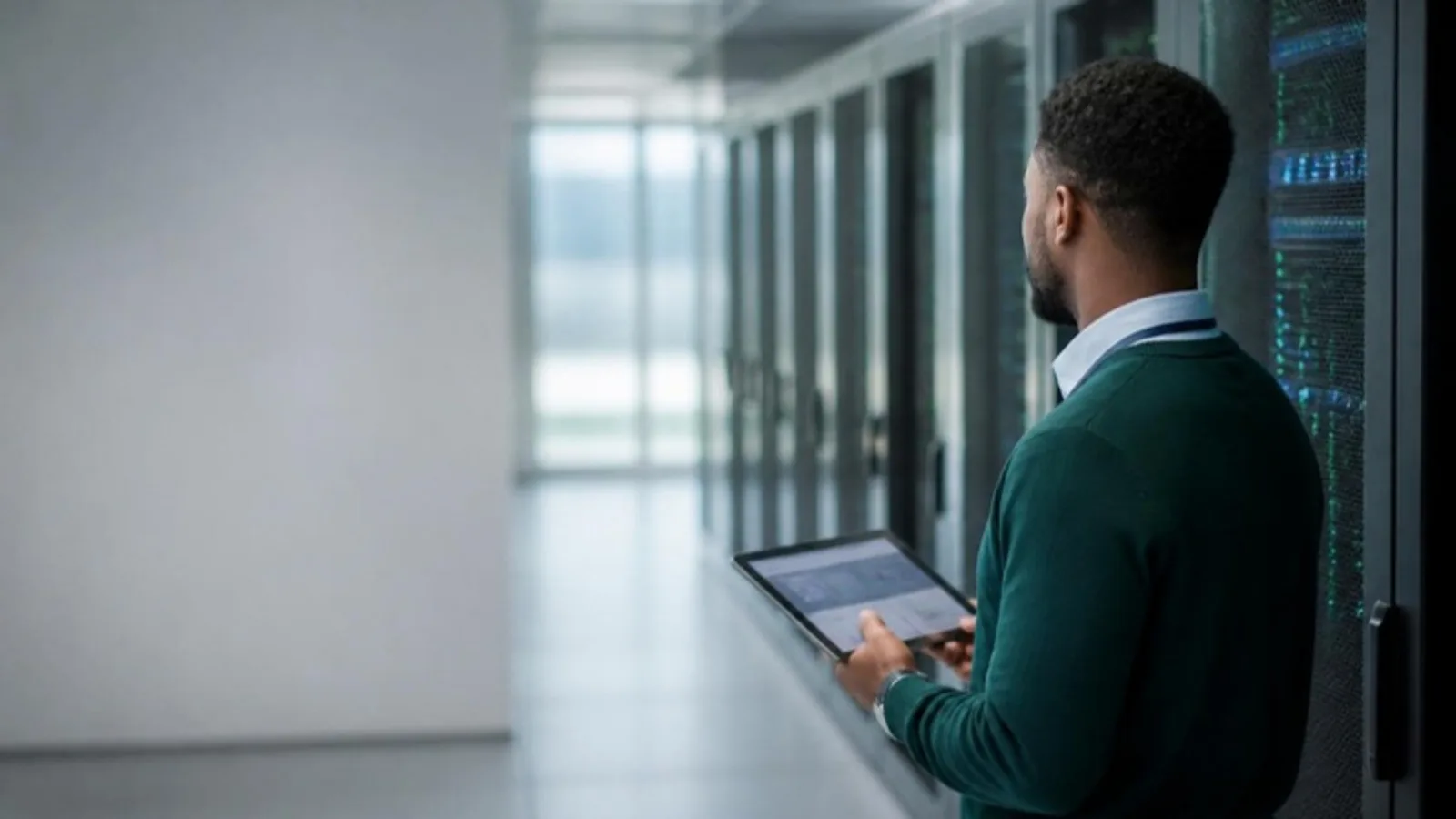Cloud engineer holding a tablet in a data centre aisle beside server racks lit with soft blue-green light