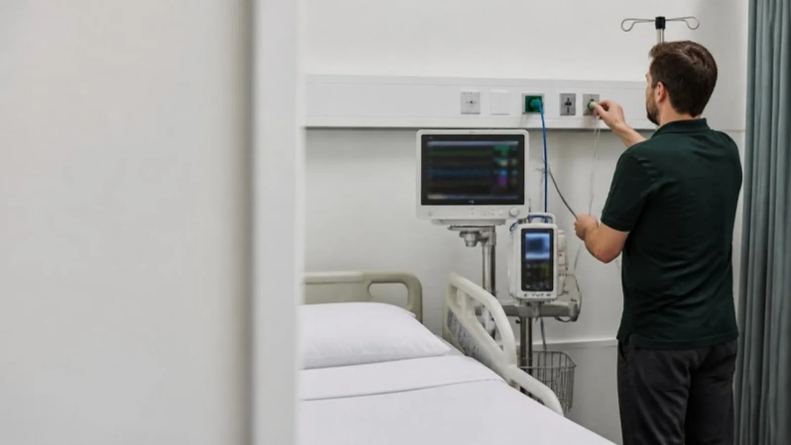 Biomedical engineer in an empty ICU bay connecting a bedside patient monitor and an infusion pump to the hospital network