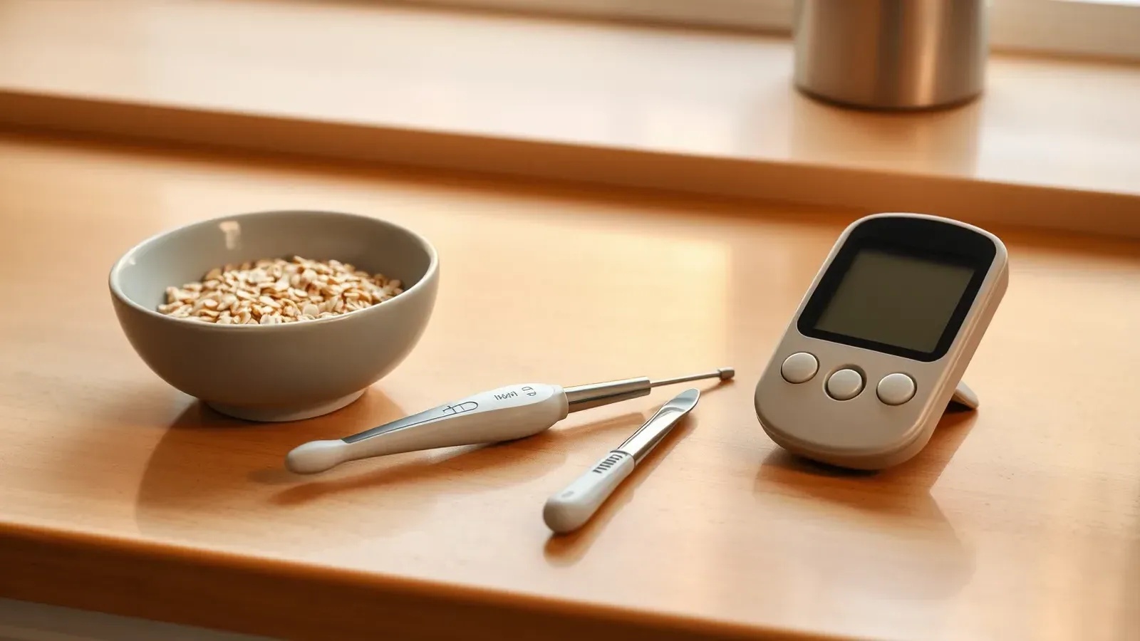 A blood glucose meter, a lancing device, a test strip and a small bowl of oats on a warm wooden kitchen counter