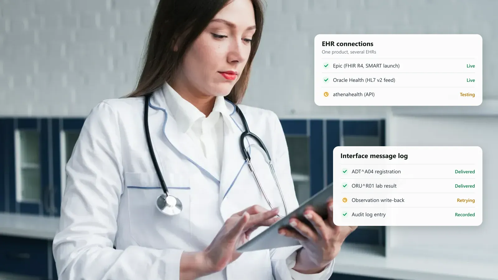 EHR integration services mockup by Agnotic: a clinician with a tablet, EHR connection status for Epic, Oracle Health and athenahealth and an interface message log