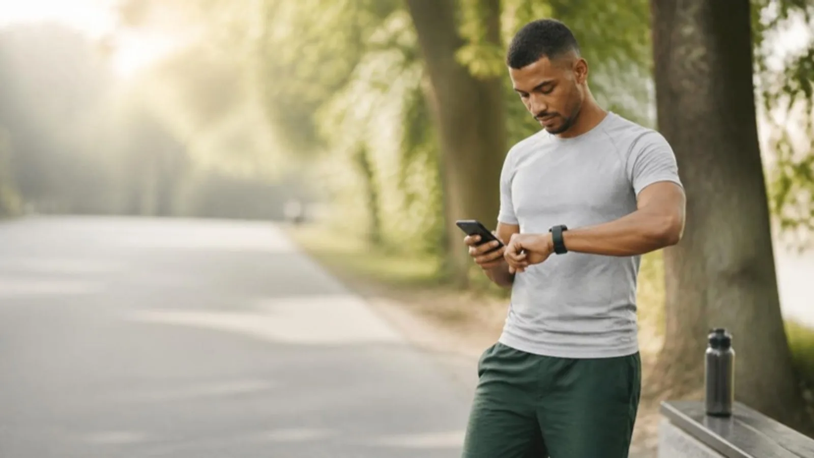 Runner in athletic clothing checking a smartwatch and phone on a tree-lined park path in morning light
