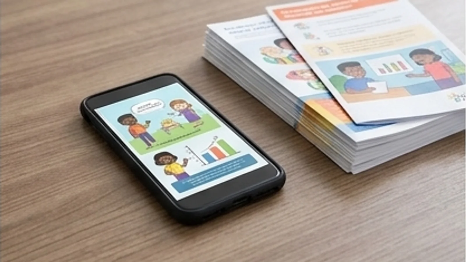 Phone on a wooden table showing an illustrated health lesson, beside a stack of printed awareness leaflets