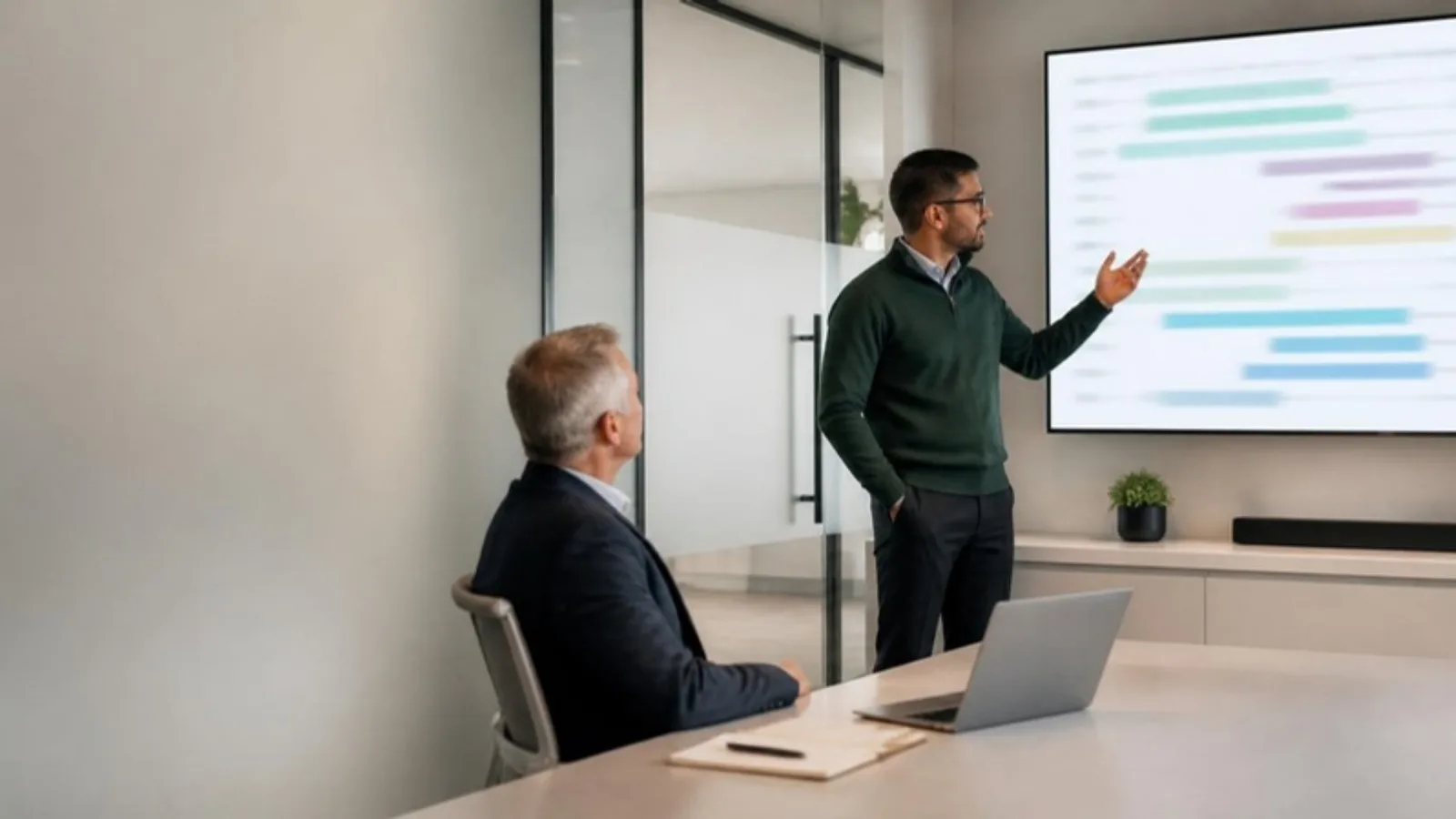 Consultant presenting a technology roadmap on a wall screen to a hospital executive in a glass-walled meeting room