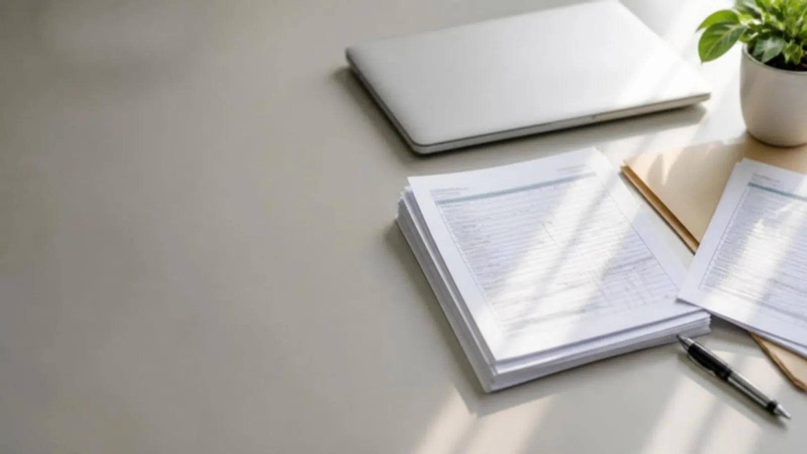 Overhead view of a pale desk with stacks of printed enrollment and claim forms, a manila folder, a pen, a closed laptop and a small plant in soft window light