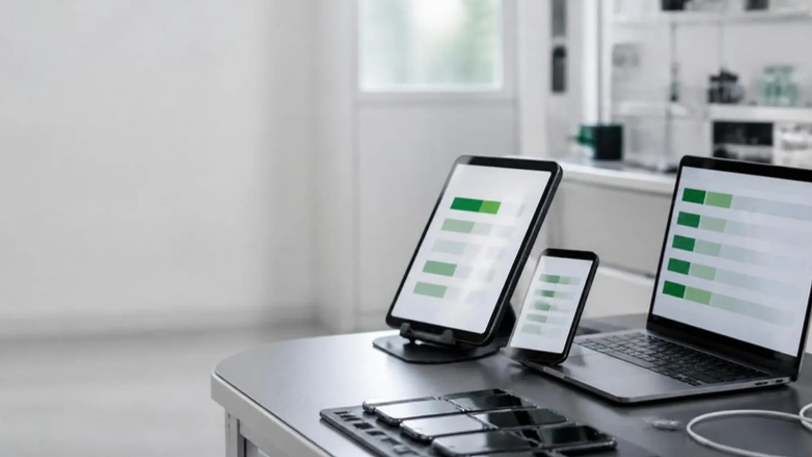 Software test bench with a tablet on a stand, a phone and a laptop showing abstract test result bars, with spare test phones in a tray