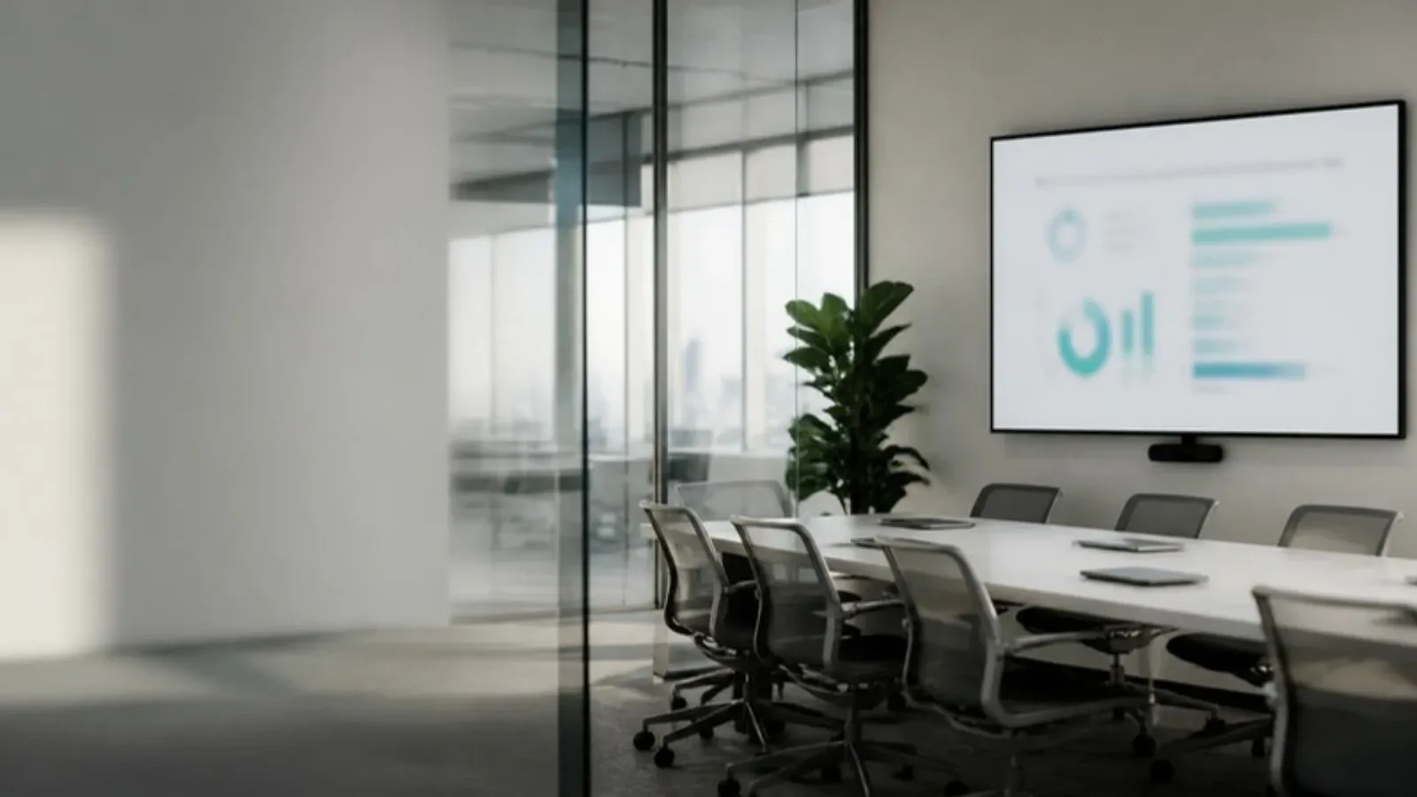 An empty glass-walled meeting room with a long table, chairs and a wall screen showing an analytics dashboard