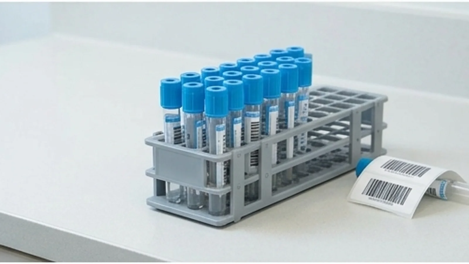 Rack of blue-capped blood collection tubes beside a printed barcode label on a clean counter
