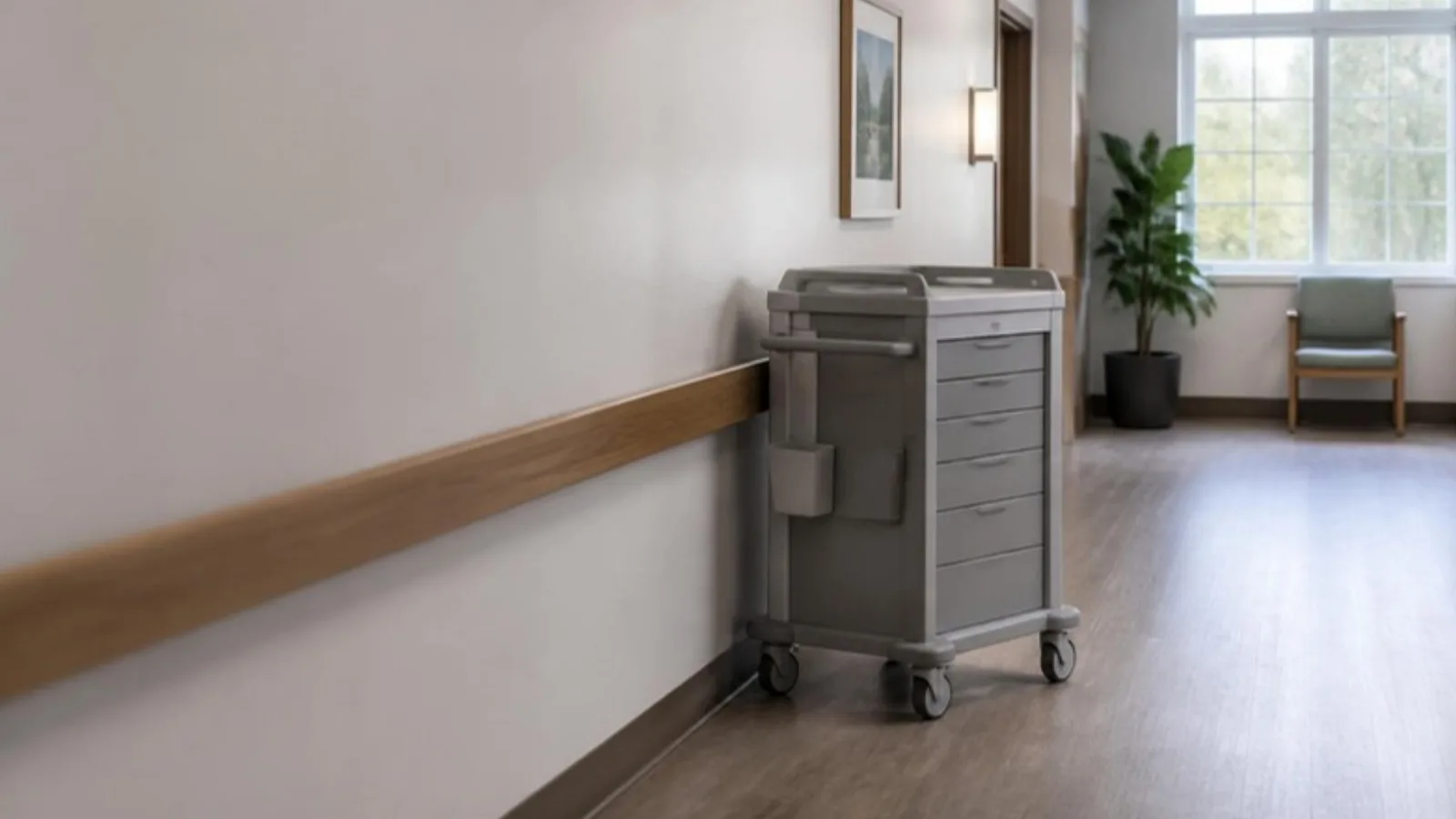 Grey medication cart parked beside a wooden handrail in a calm, empty skilled nursing facility hallway with daylight from a window