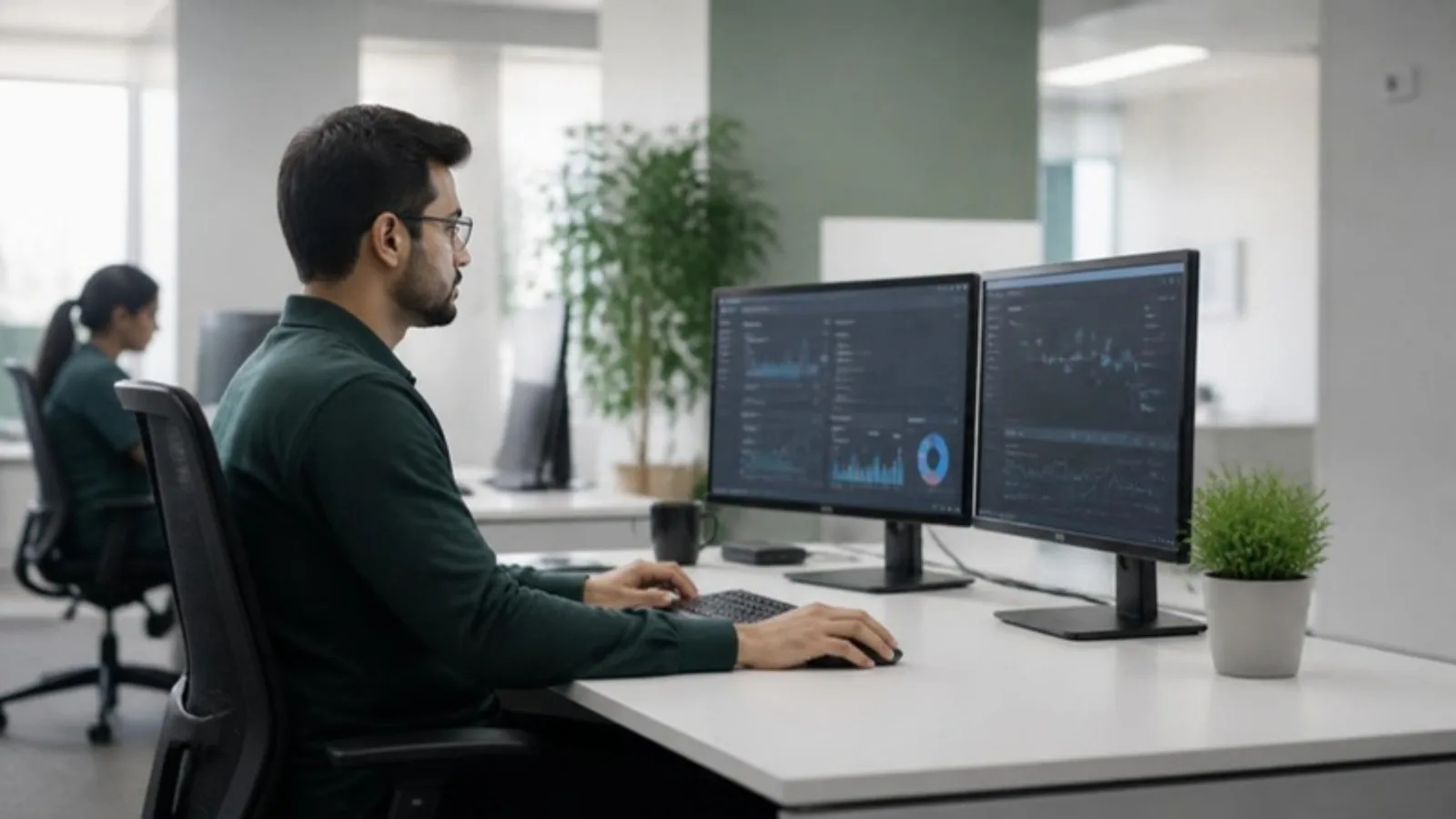Healthcare IT operations engineer at a desk reviewing application monitoring dashboards on two monitors, with a colleague working in the background