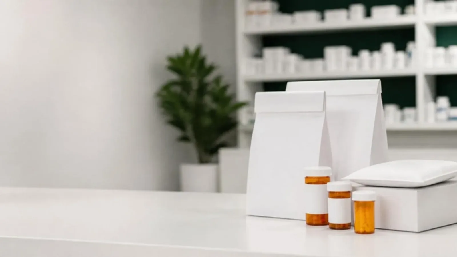 White pharmacy paper bags and amber medicine bottles on a counter in front of shelves of medication boxes