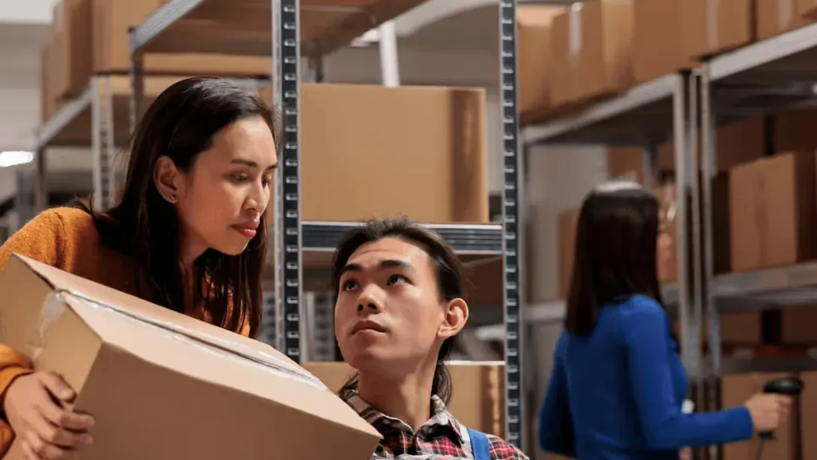 Warehouse staff handling cardboard delivery boxes between storage shelves