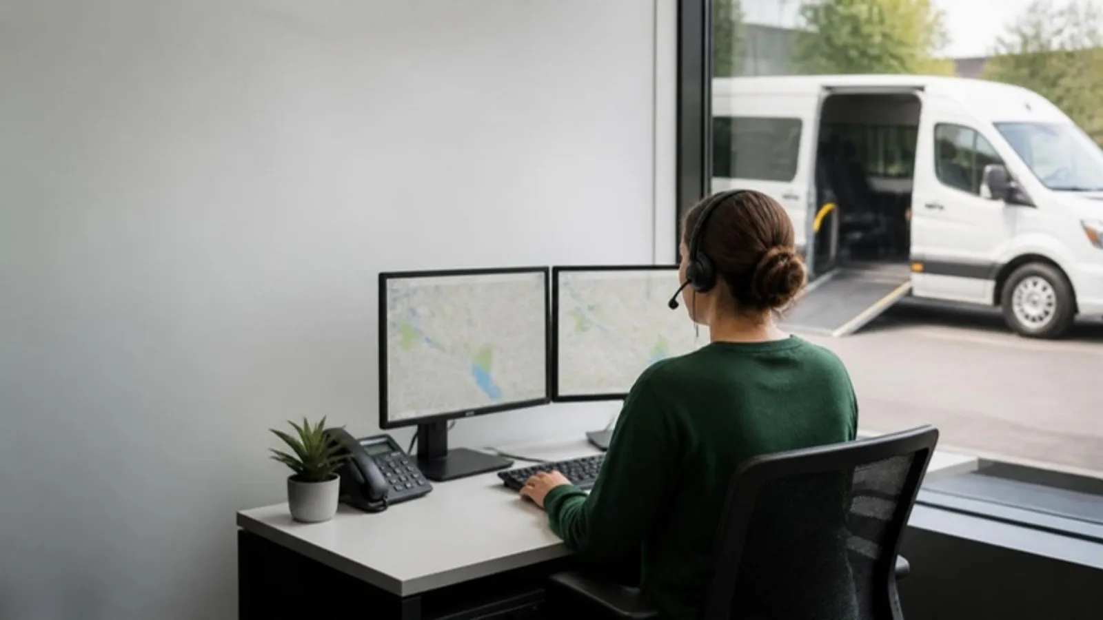 NEMT dispatcher wearing a headset at a desk with map screens, a wheelchair-accessible van with its ramp lowered outside the window