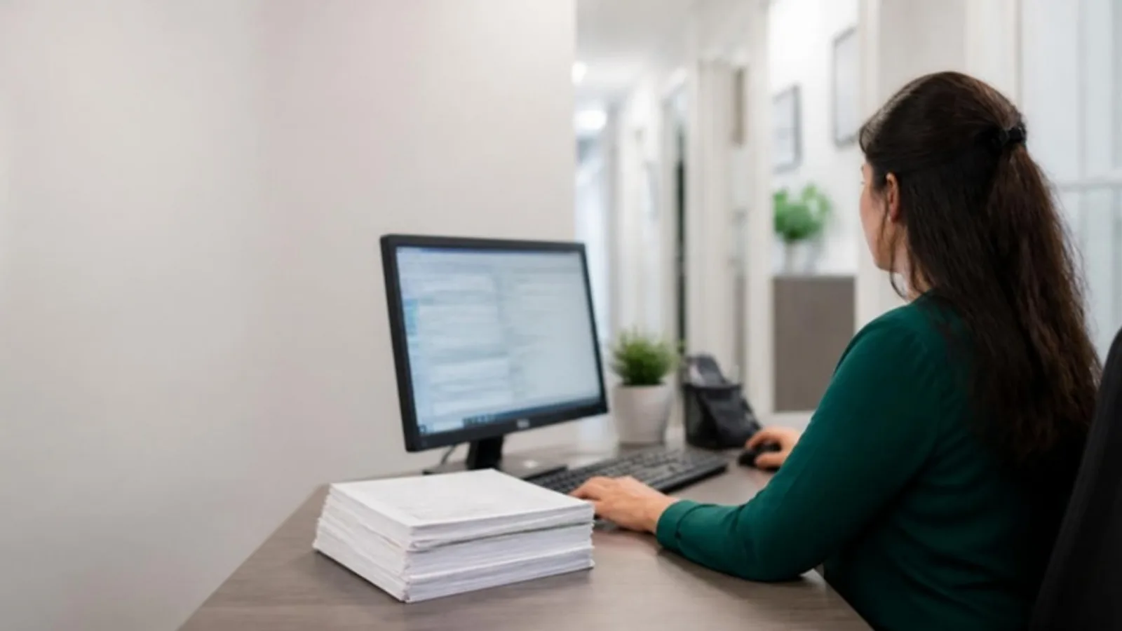 Billing coordinator at a small practice desk submitting claims on a desktop monitor, with a stack of paper forms beside the keyboard