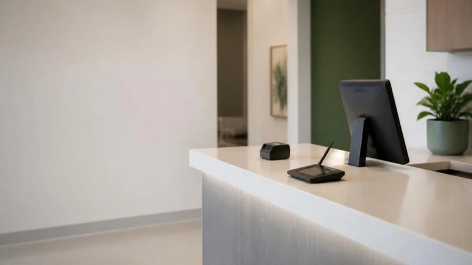 Empty hospital registration counter with an ID card scanner, an electronic signature pad and a monitor turned away
