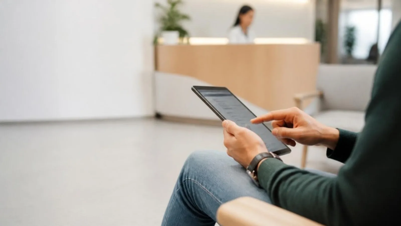 Patient's hands filling in an intake questionnaire on a tablet in a bright clinic waiting area, receptionist blurred in the background