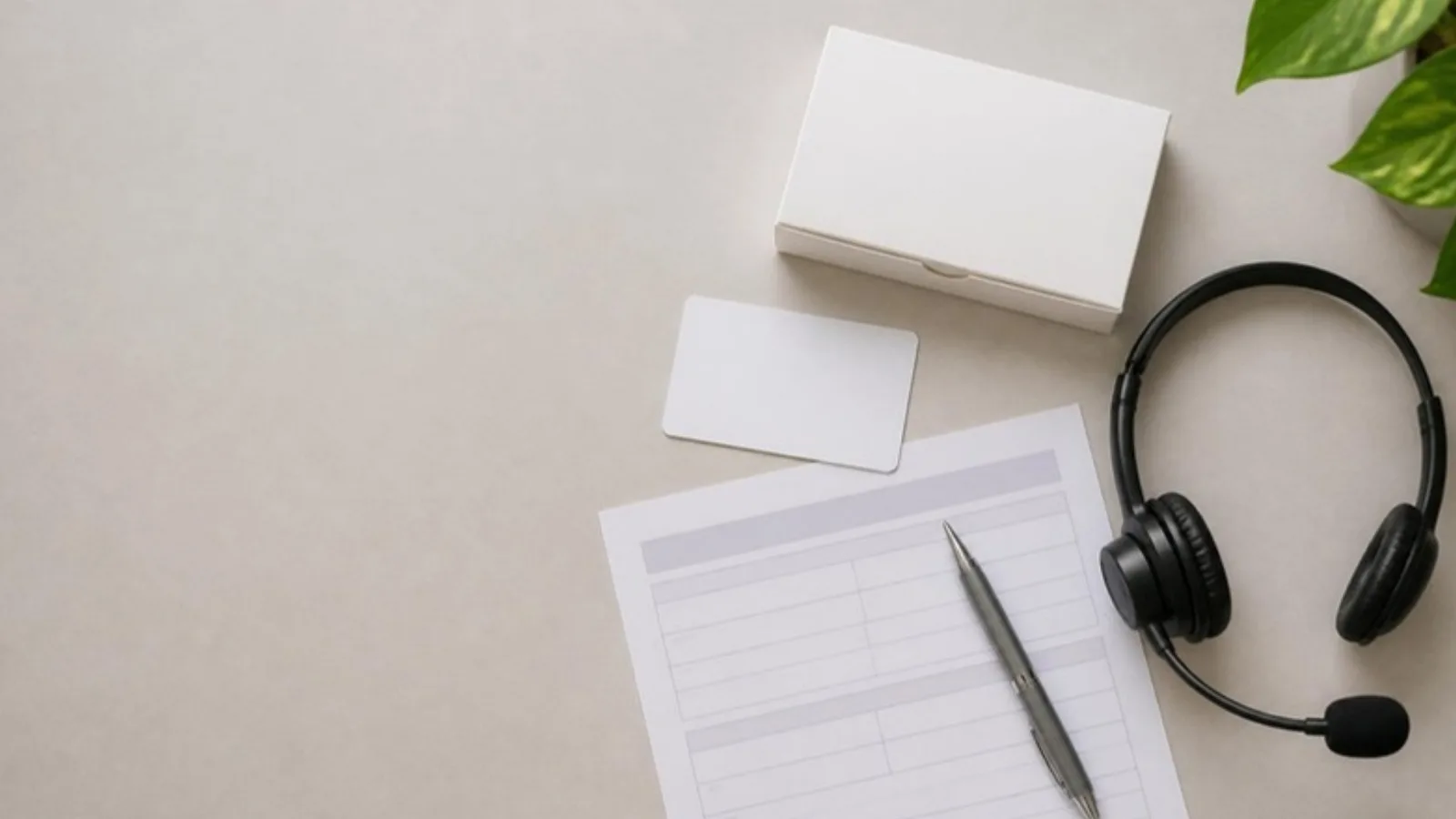 Overhead view of a desk with a medication box, a blank benefit card, a call headset and a printed enrollment form with a pen