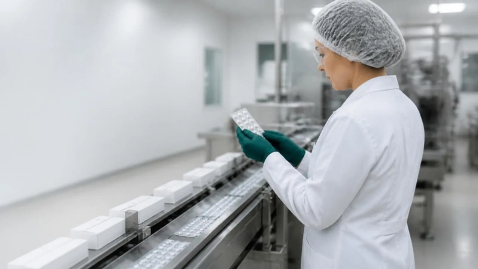 Pharmaceutical quality scientist in a lab coat, hairnet and gloves checking a blister pack beside a packaging line of white medicine boxes