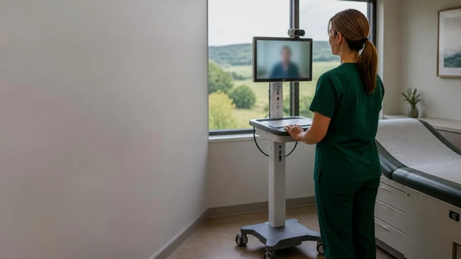 Nurse in green scrubs at a telehealth cart on a video call in a small rural clinic exam room, green countryside outside the window