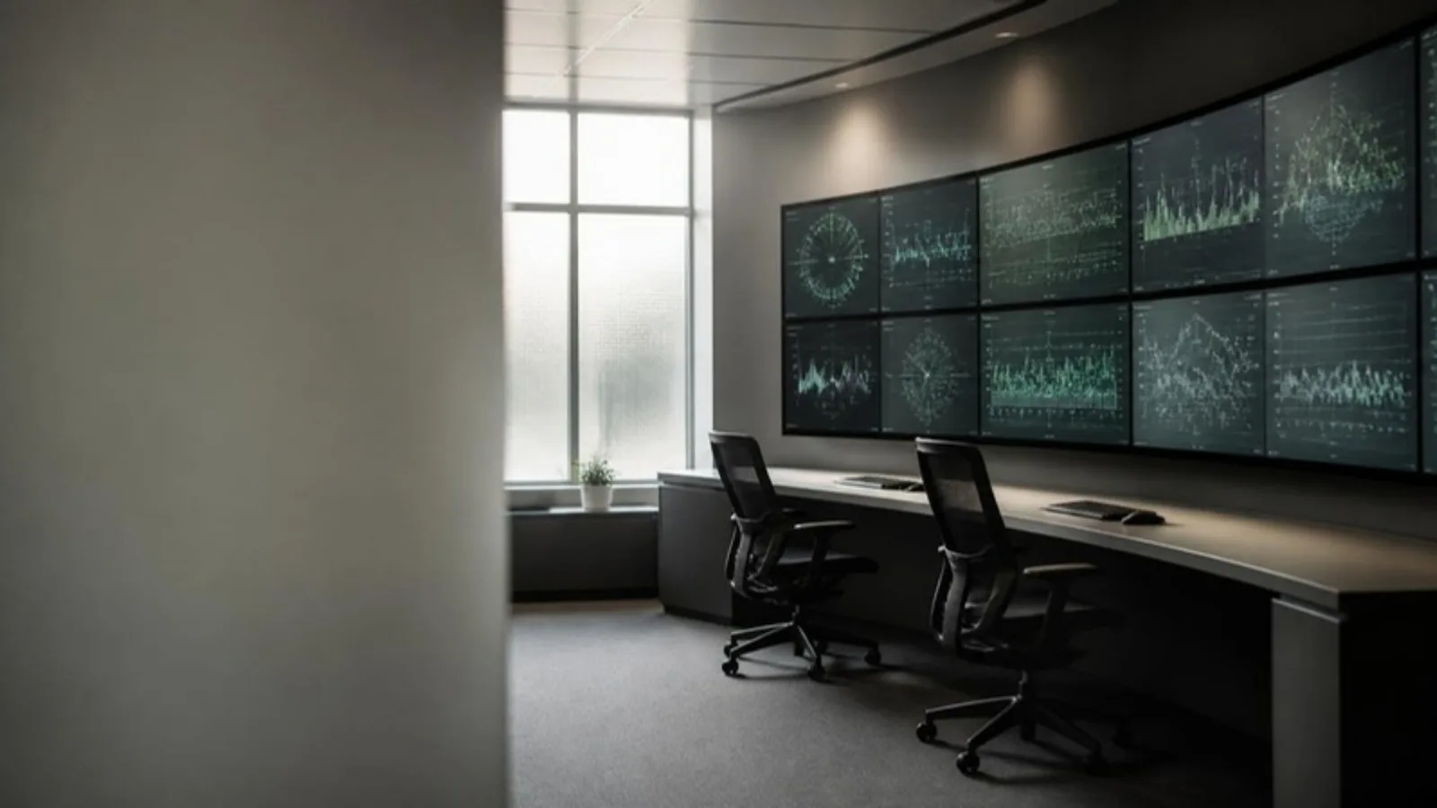 Dim, empty security operations room with two chairs at a curved desk below a wall of monitors showing abstract green graphs