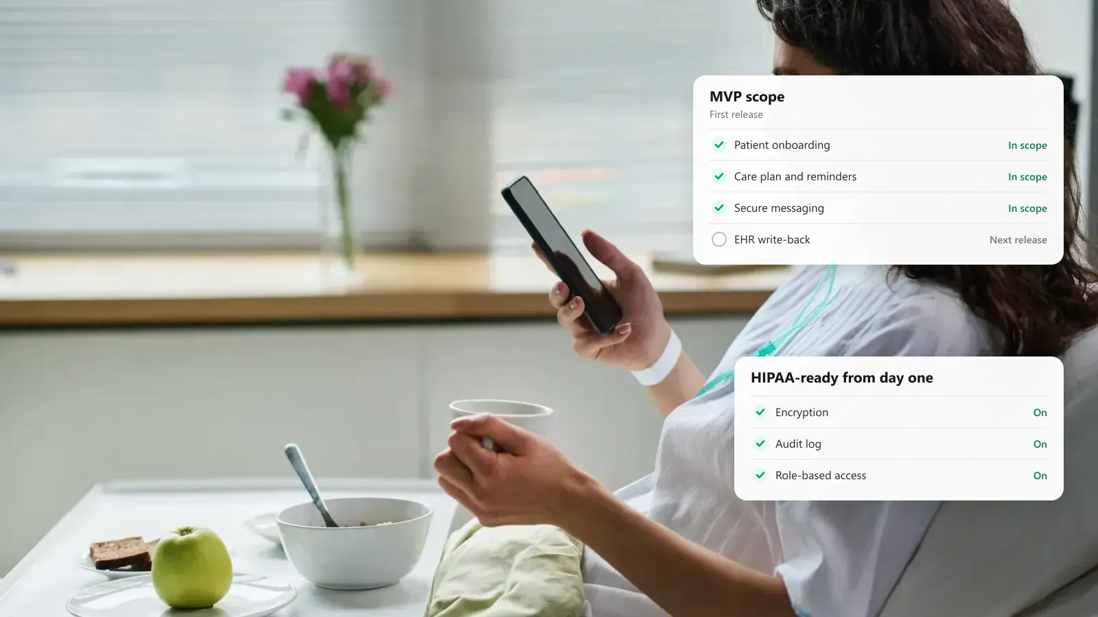 Patient using a digital health app on a phone, with an MVP scope card and a HIPAA-ready checklist for encryption, audit logs and role-based access