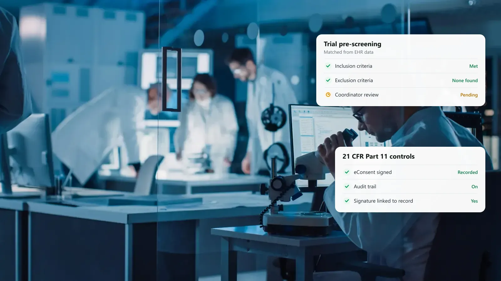 Scientists working in a research lab, with a clinical trial pre-screening status and a 21 CFR Part 11 controls checklist